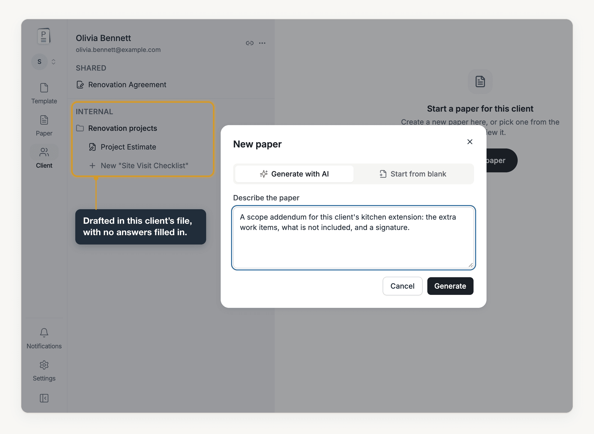 The Generate with AI tab in a client's New paper dialog drafts a one-off paper directly in that client's file.