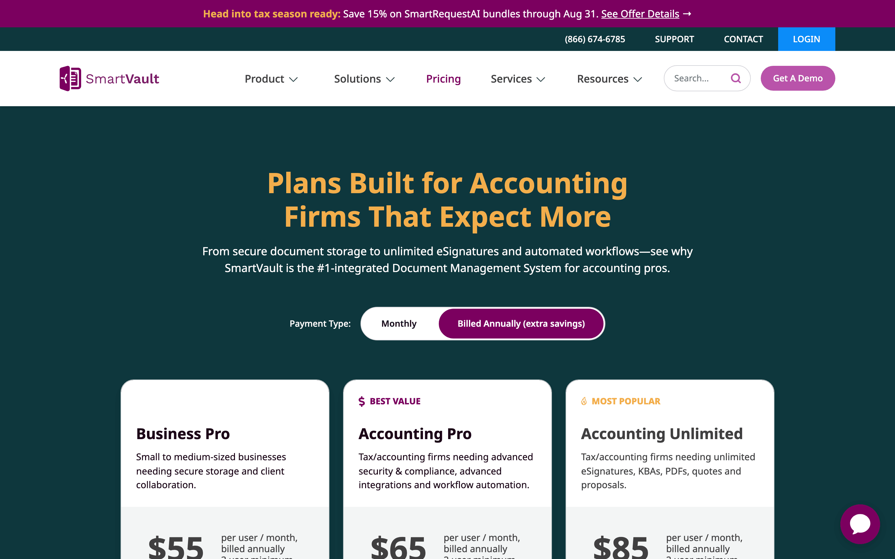 SmartVault — the vendor's own published pricing page for its Business Pro plan