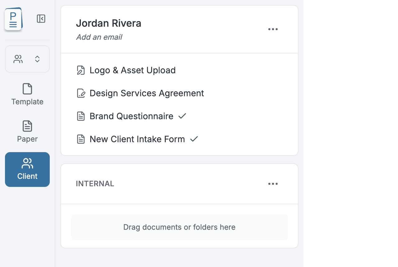 Pocper client folder for 'Jordan Rivera' listing four onboarding documents; Logo & Asset Upload and Design Services Agreement are outstanding while Brand Questionnaire and New Client Intake Form show a green completed check.